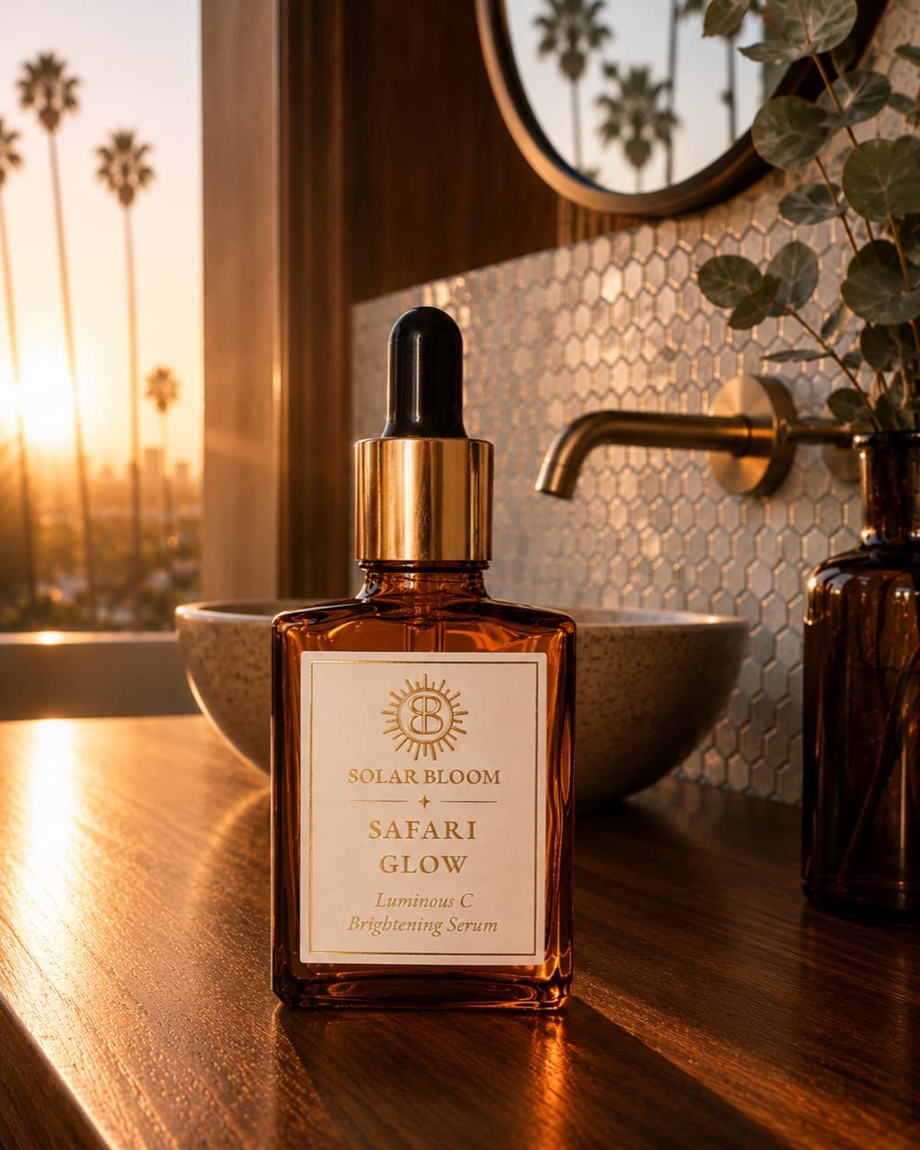 Solar Bloom Glow serum in warm morning light