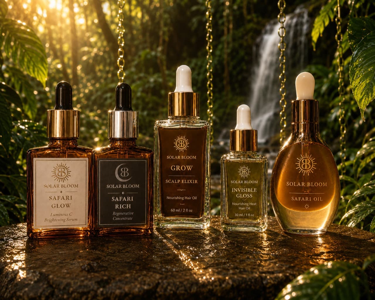The complete Solar Bloom collection beside a rainforest waterfall