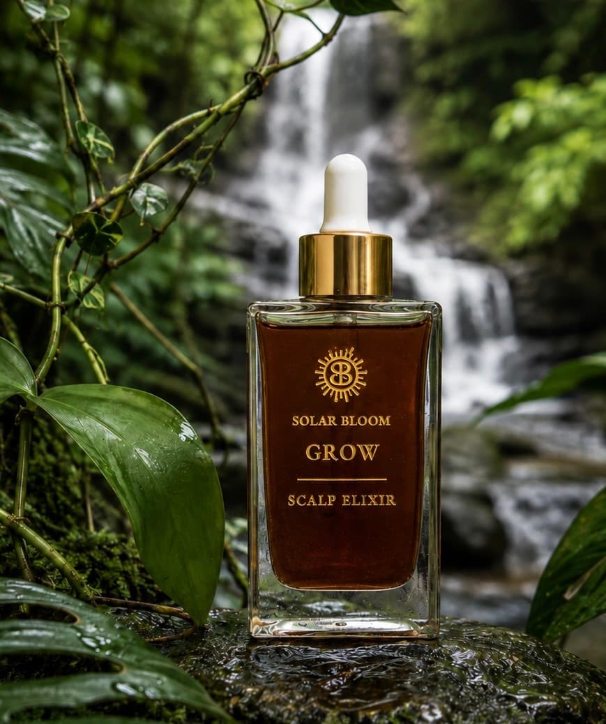 Close view of Solar Bloom Grow scalp elixir beside a rainforest waterfall
