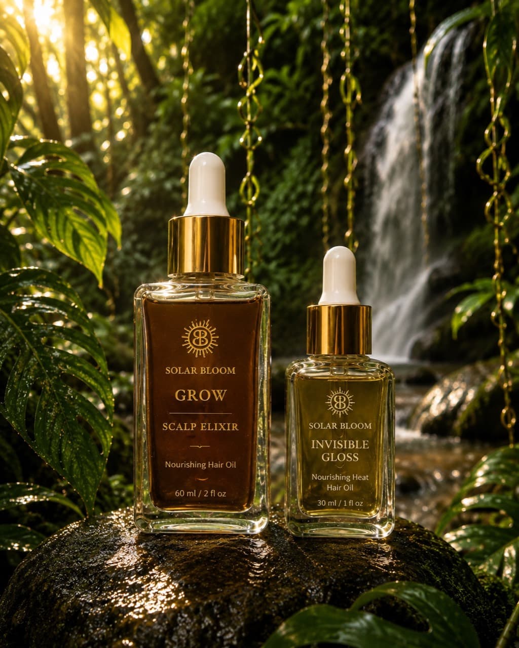 Solar Bloom Grow and Invisible Gloss haircare duo beside a rainforest waterfall