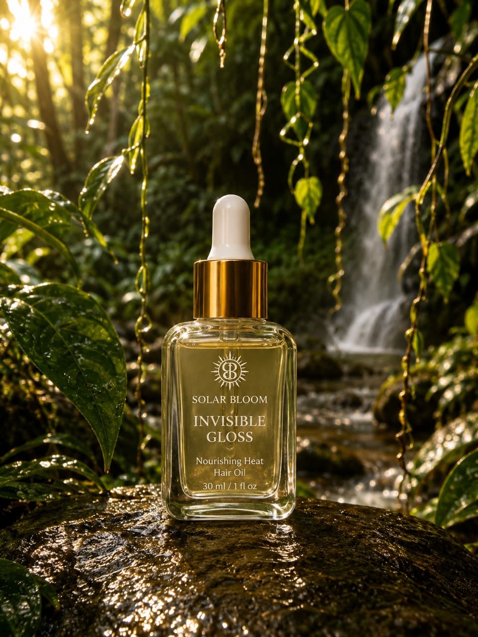 Solar Bloom Invisible Gloss beside a rainforest waterfall