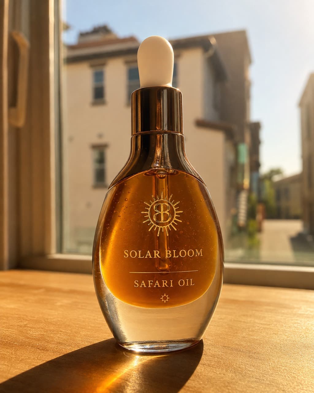 Solar Bloom Safari Oil glowing in warm window light